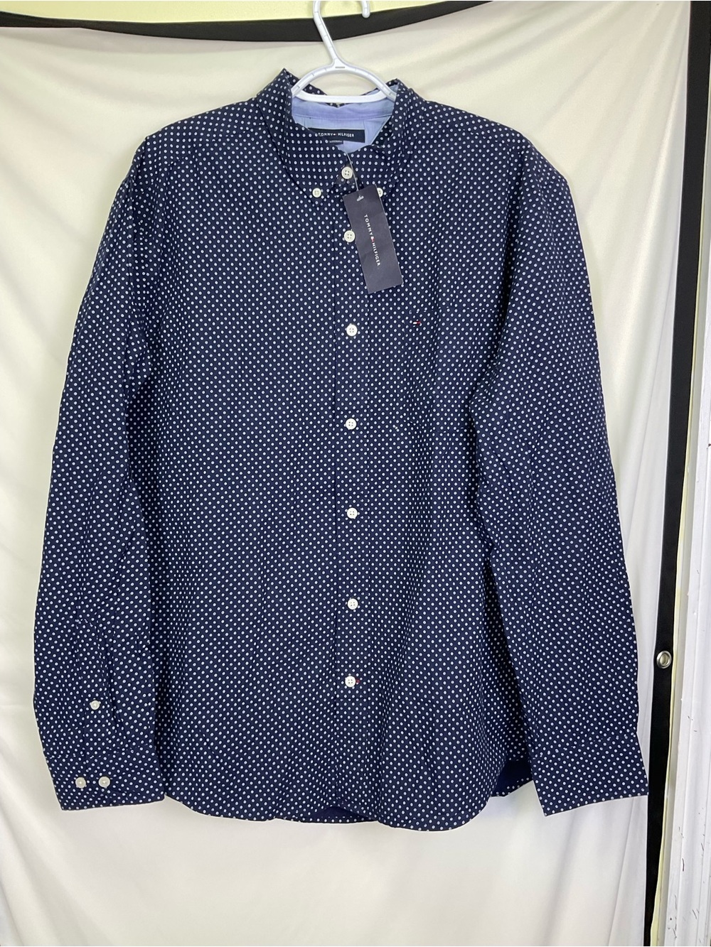 Tommy Hilfiger Navy and White Polka Dot Button-Down Shirt
